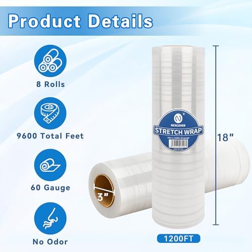 NEXCOVER 18 Inch Stretch Wrap, 1200 Ft 60 Gauge 8 Roll, Thick and Durable - Image 2