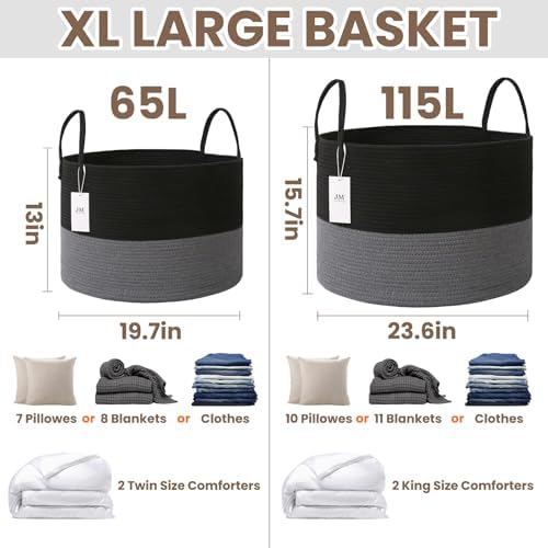 JMvicyroam 115L Extra Large Machine Washable Cotton Rope Blanket Basket - Image 3