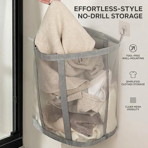 Wall-Mounted Foldable Laundry Basket, 41L Mesh Hamper - Image 2
