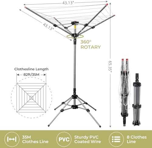 Outdoor Clothes Drying Rack, Portable Umbrella Clothesline, 4-Arm 8 Lines of 82 - Image 3
