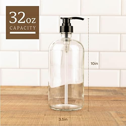 32-Ounce Pump Bottles, Large Clear Glass Boston Round Bottles w/Black Pumps. - Image 2