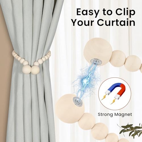 KLOGTSIND Magnetic Curtain Tiebacks, 6 Pack Wood Bead Curtain Holdbacks - Image 2