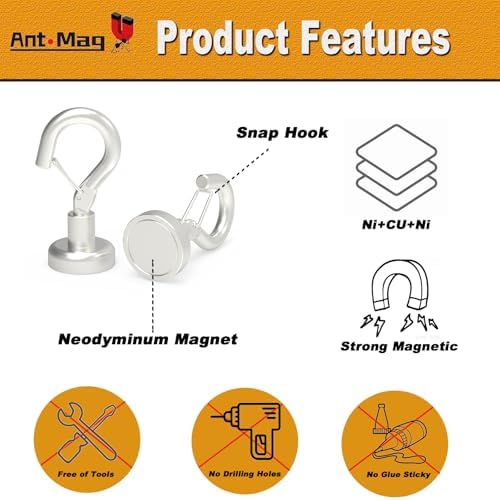 Ant Mag Magnetic Hooks Heavy Duty 22LBS Strong Magnet Snap Hooks 10 Pack - Image 4
