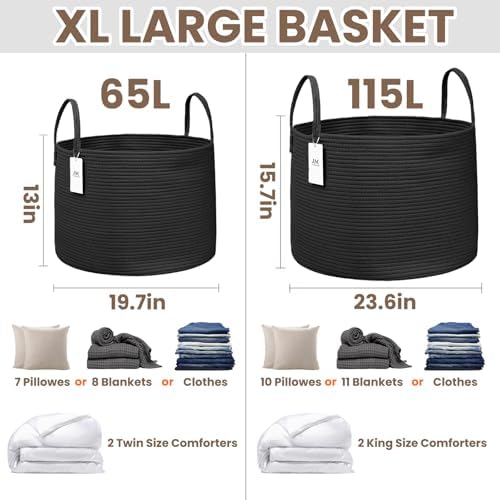 JMvicyroam 65L Extra Large Machine Washable Cotton Rope Blanket Basket - Image 3