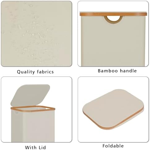 100L Laundry Hamper with Lid, Lagre Basket with Bamboo Handles, Foldable - Image 2