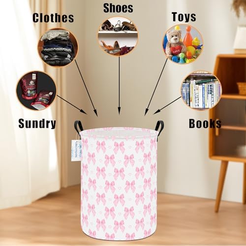 Round Laundry Basket Collapsible Storage Hamper Pink Bowknot - Image 4