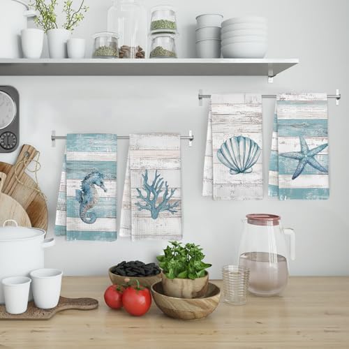 Beach Coastal Kitchen Towels and Dishcloths Set of 4, Lake House Nautical - Image 2