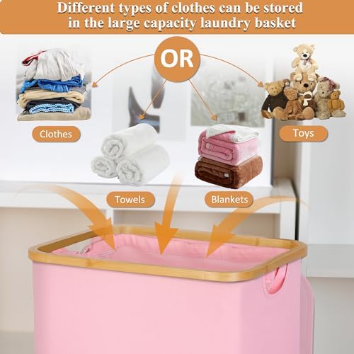100L Laundry Hamper with Lid, Lagre Basket with Bamboo Handles, Foldable - Image 7