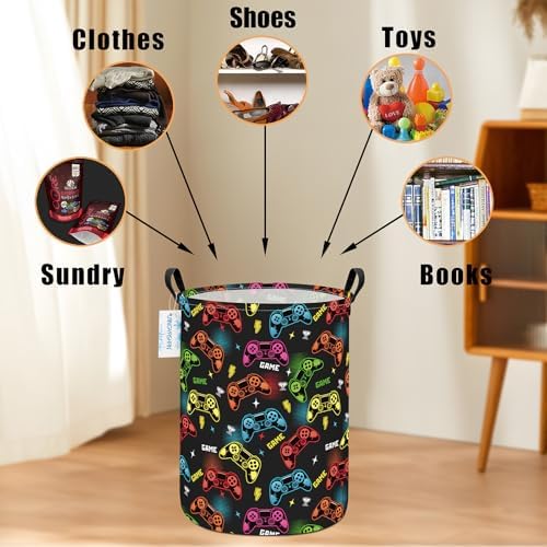 Round Laundry Basket Collapsible Boys Storage Hamper Organizer Game - Image 3