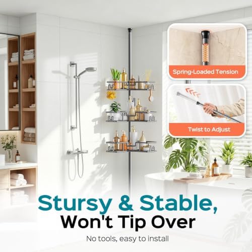 HAMITOR Adjustable Bathroom Storage, 4-Tier Tension Pole Shower Caddy - Image 4