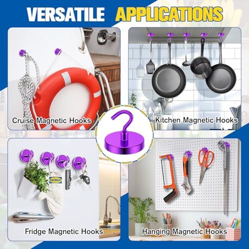 Grtard 8 Pcs Purple Magnetic Hooks Heavy Duty, 120 LBS Strong Magnet Hooks - Image 4