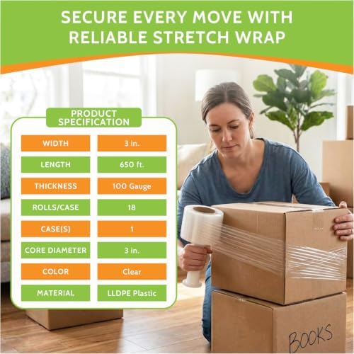 PSBM Mini Stretch Wrap with Plastic Handle, 18 Rolls 3 Inch x 650 Feet 100 - Image 3