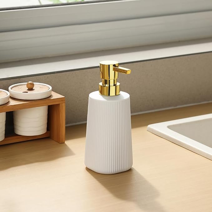 YAUKPH Small Soap Dispenser for Bathroom and Kitchen Matte White and Gold | - Image 5