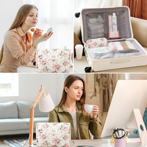 2Pcs Quilted Cotton Makeup Bag Large Travel Makeup Pouch Small Brush Holder Set - Image 4