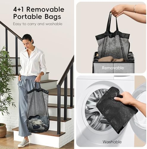 Laundry Hamper 4-Section with Lid, 185L Laundry Sorter with 4 Removable Bags + - Image 5