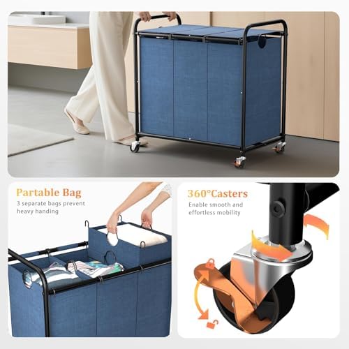 180L Laundry Sorter 3 Section, Rolling Laundry Basket - Image 4
