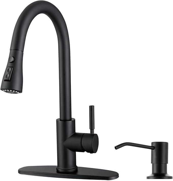 WEWE Kitchen Faucet with Soap Dispenser Set, Matte Black | 3-Mode Sprayer by WEWE