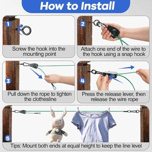 TooTaci 15ft Outdoor Clothesline Kit, 3/16" Green PVC Coated Clothes Cable - Image 6