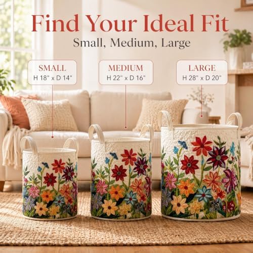 Quilted Laundry Basket with Handles, Boho Floral Quilted Storage Hamper - Image 3