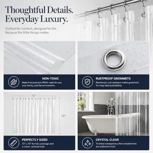 EHZNZIE Crystal Clear Heavy Duty Shower Curtain Liner 72x72, PEVA Waterproof - Image 6