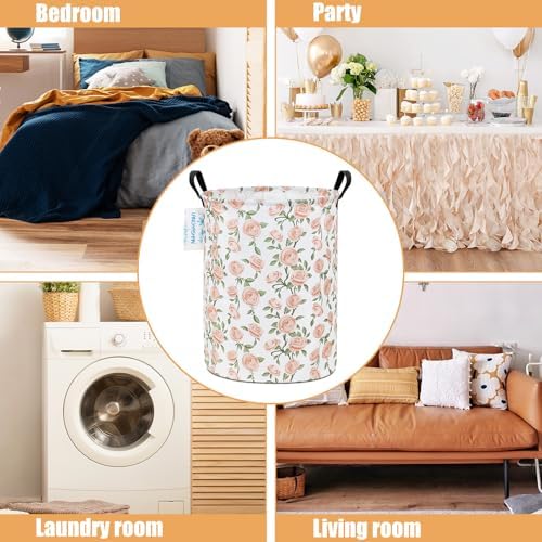 Round Laundry Basket Collapsible Storage Hamper Organizer Champagne Rose - Image 3