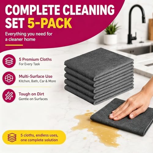 5 Pack Magic Cleaning Cloth, Thick Microfiber Streak Free Cleaning Wipes - Image 2