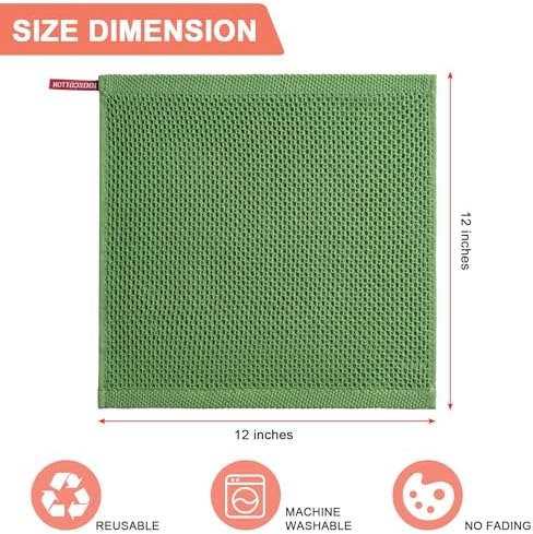Kitchen Towels 6-Pack Kitchen Dish Cloths, 100% Cotton, 12x12 In, Grass Green - Image 2