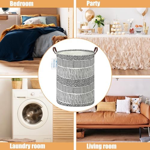 Round Laundry Basket Collapsible Storage Hamper Organizer Black Line - Image 3