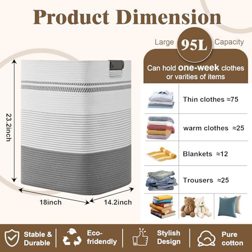 Laundry Hamper, 95L Tall Laundry Basket - Image 3