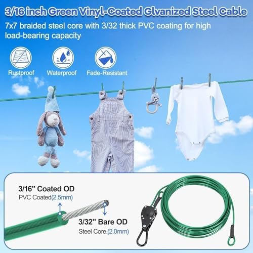 TooTaci 15ft Outdoor Clothesline Kit, 3/16" Green PVC Coated Clothes Cable - Image 3