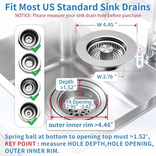 3 in 1 Kitchen Sink Drain Strainer, Pop up Sink Stopper Kitchen Drain, - Image 4