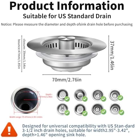 3-in-1 Kitchen Sink Drain Strainer & Sink Stopper 2 Pack : 304 Stainless Steel - Image 2