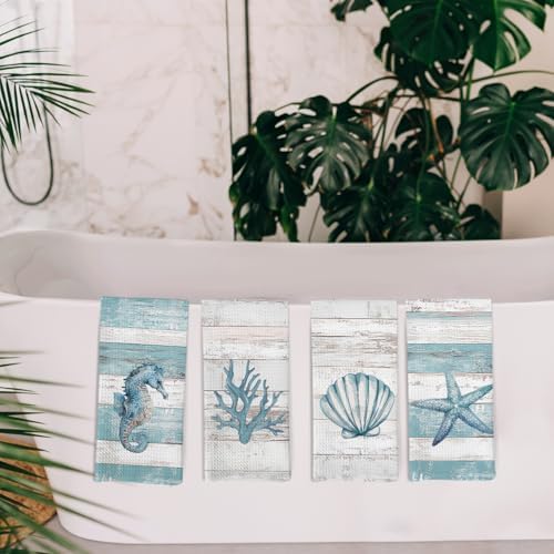 Beach Coastal Kitchen Towels and Dishcloths Set of 4, Lake House Nautical - Image 5