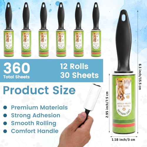12 Rolls Compact Lint Rollers for Pet Hair Extra Sticky, Dog & Cat Hair Remover - Image 2