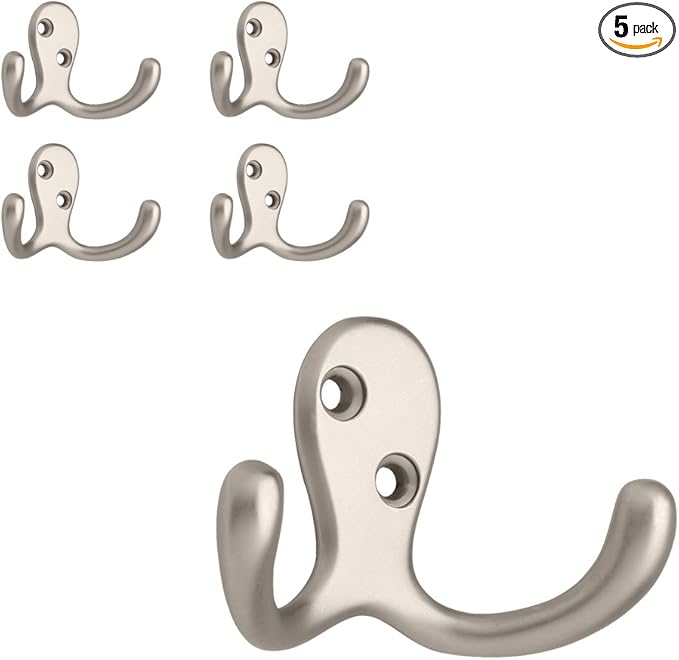 Franklin Brass Double Wall Hooks 2-Prong Coat/Hat Matte Nickel Hooks by FranklinBrass