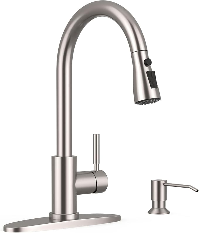 WEWE Kitchen Faucet with Soap Dispenser Set, Brushed Nickel | 3-Mode Sprayer by WEWE
