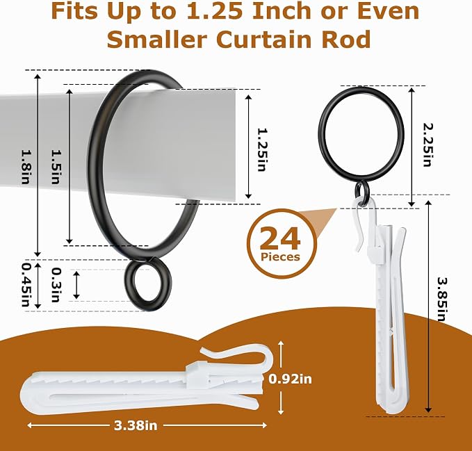 1.5 Inch Curtain Rings with Hooks, 24 Pack Black Metal Drapery Rings with Pins - Image 2