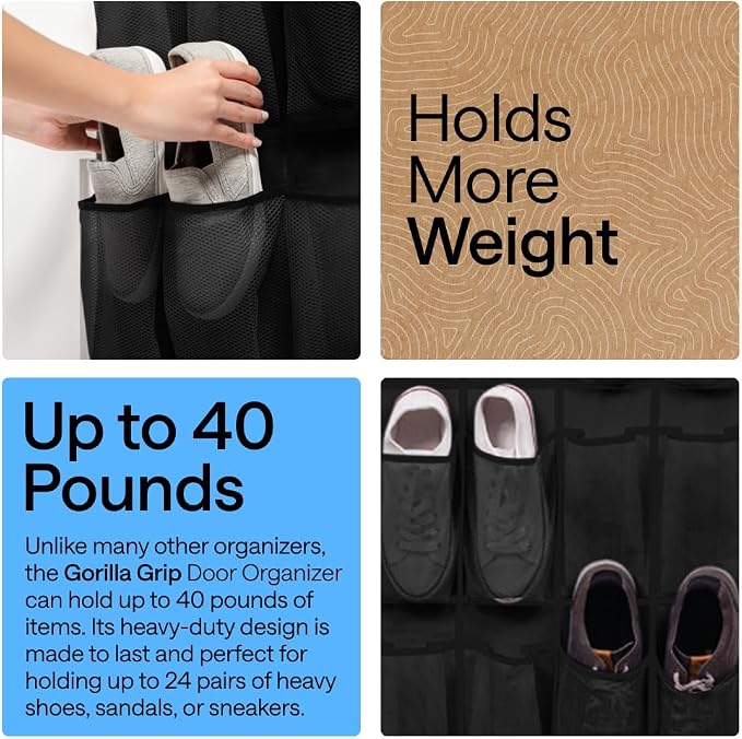GORILLA GRIP Over the Door Shoe Organizer, 24 Large Pockets, Space Saving - Image 3