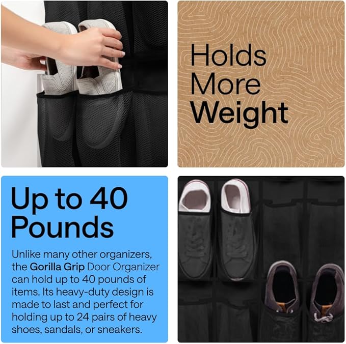 GORILLA GRIP Over the Door Shoe Organizer, 24 Extra Large Pockets, Space Saving - Image 3