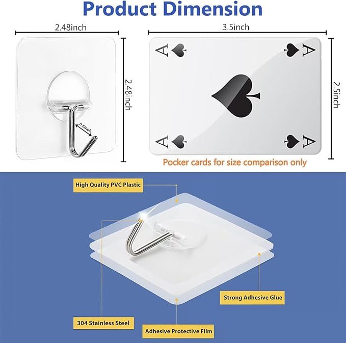 Adhesive Wall Hooks No Drill Clear Heavy Duty, 13LB Sticky 12 Pack | Waterproof - Image 3