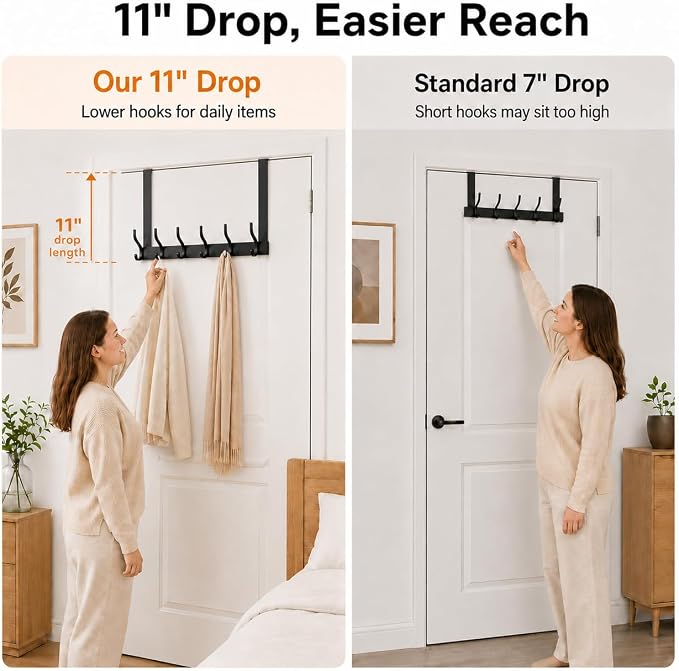 Peasulin Over The Door Hooks, 2 Pack Black 11" Long Door Hanger Racks | 6 - Image 4