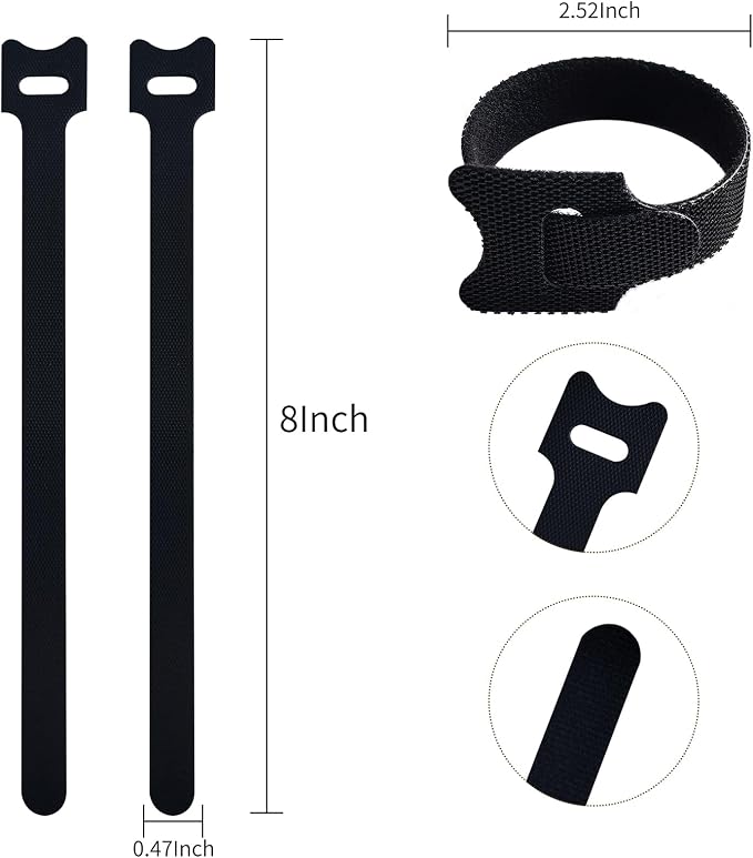 8 Inches 100PCS Black Reusable Cable Ties, Cable Organizer, Cord Wrap and Hook - Image 2