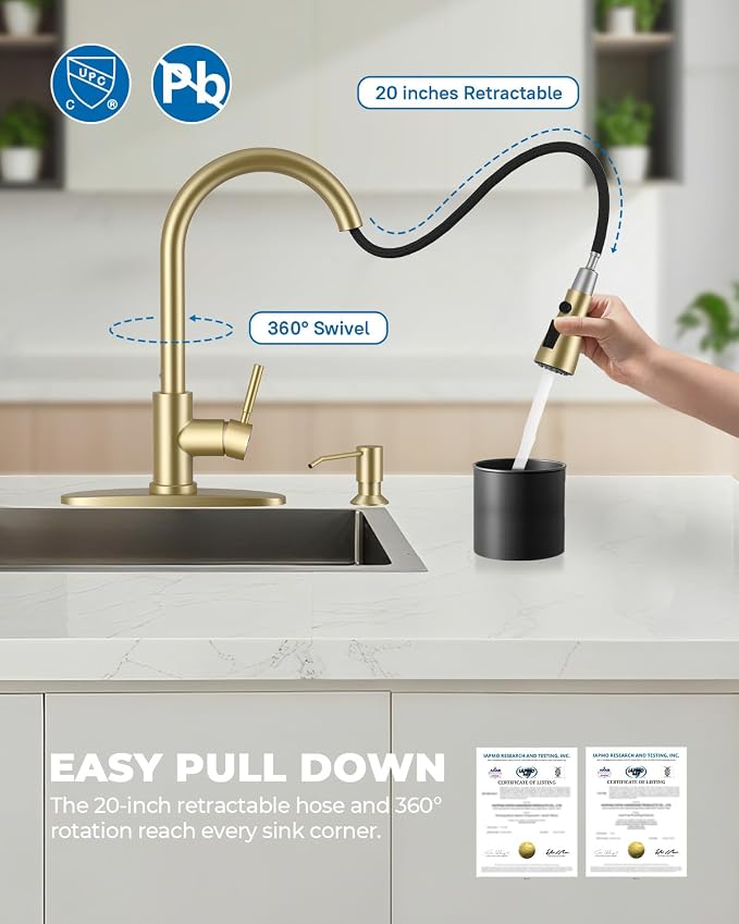 WEWE Kitchen Faucet with Soap Dispenser Set, Pull-Down Sprayer, 360° Swivel - Image 3