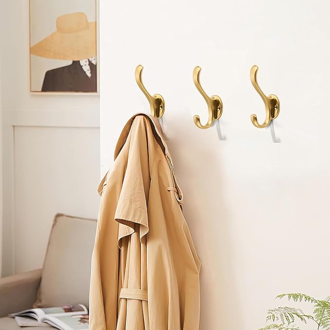6 Pack Brushed Gold Coat Hooks Wall Mount Heavy Duty Utility Retro Double Hooks - Image 3