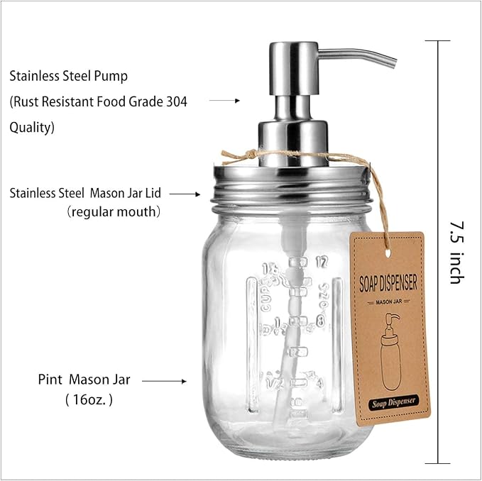 Amolliar Mason Jar Liquid Soap Dispenser, Lotion Soap Brushed Nickel 2 Pack | - Image 5
