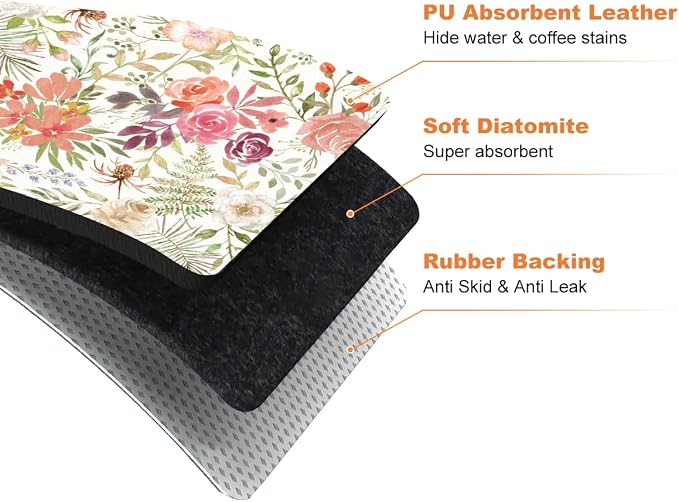 LOKHOM 12"x20" Dish Drying Mat，Pink Floral Coffee Mat | Pink Roses Petals Prints - Image 9