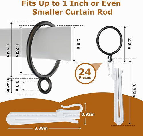 1.25 Inch Curtain Rings with Hooks, 24 Pack Black Metal Drapery Rings with Pins - Image 2