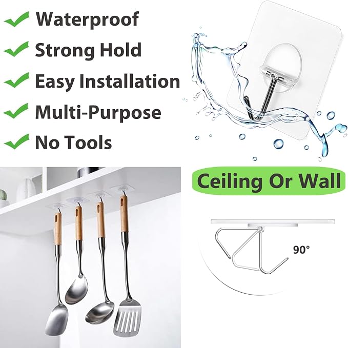 JINSHUNFA Adhesive Wall Hooks No Drill Clear Heavy Duty, 13LB Sticky 8 Pack | - Image 2