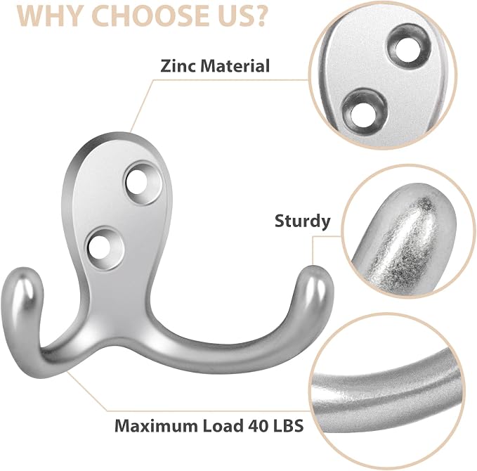 Homanu 100 Pack Coat Hooks, Heavy Duty Double Prong Coat Hooks Wall Mounted - Image 4