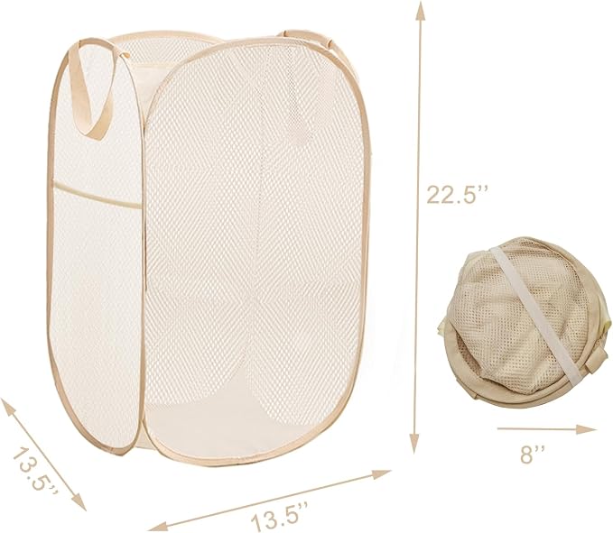 Pop Up Laundry Basket Folding Laundry Hamper Mesh Hamper Storage Bin | Beige - Image 4